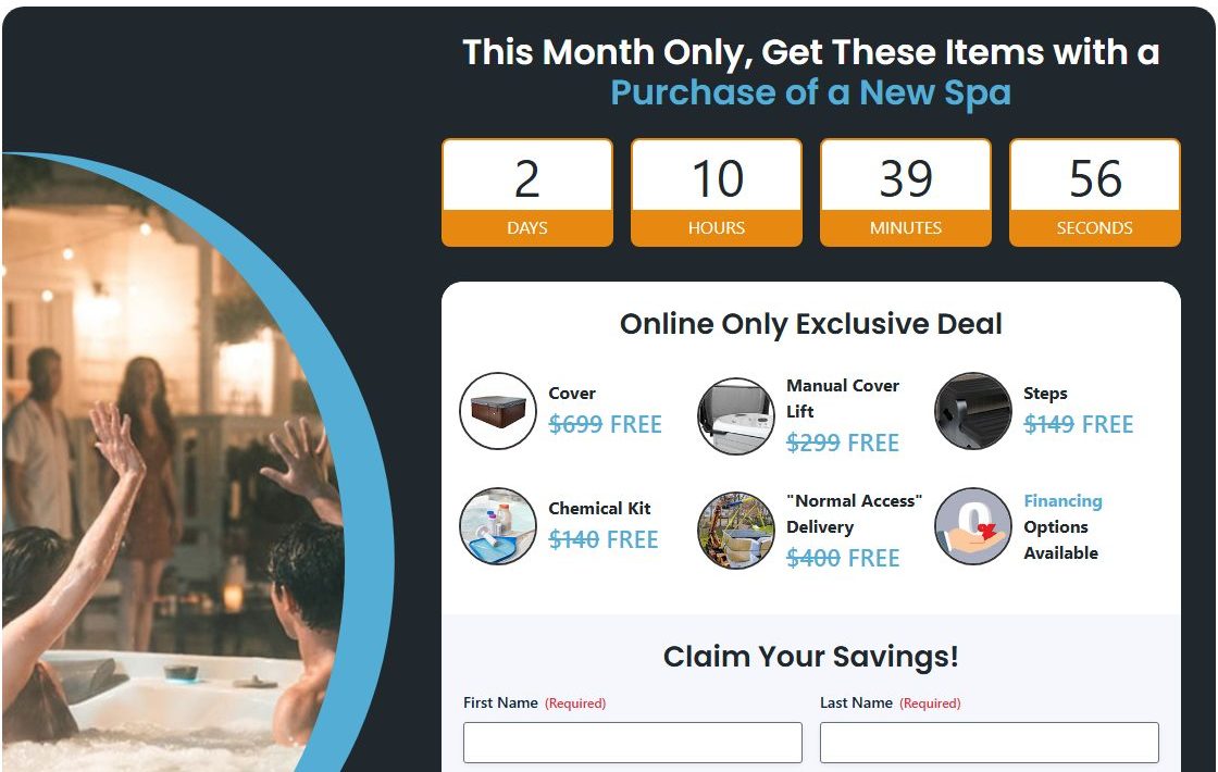 Competitor landing page offering a free cover, cover lift, steps, chemical kit and delivery with a countdown timer